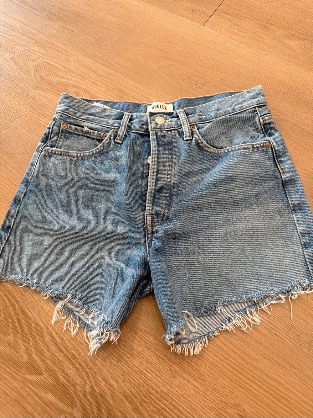 Agolde Parker long Light Blue High-Rise Frayed Hem Denim Shorts
